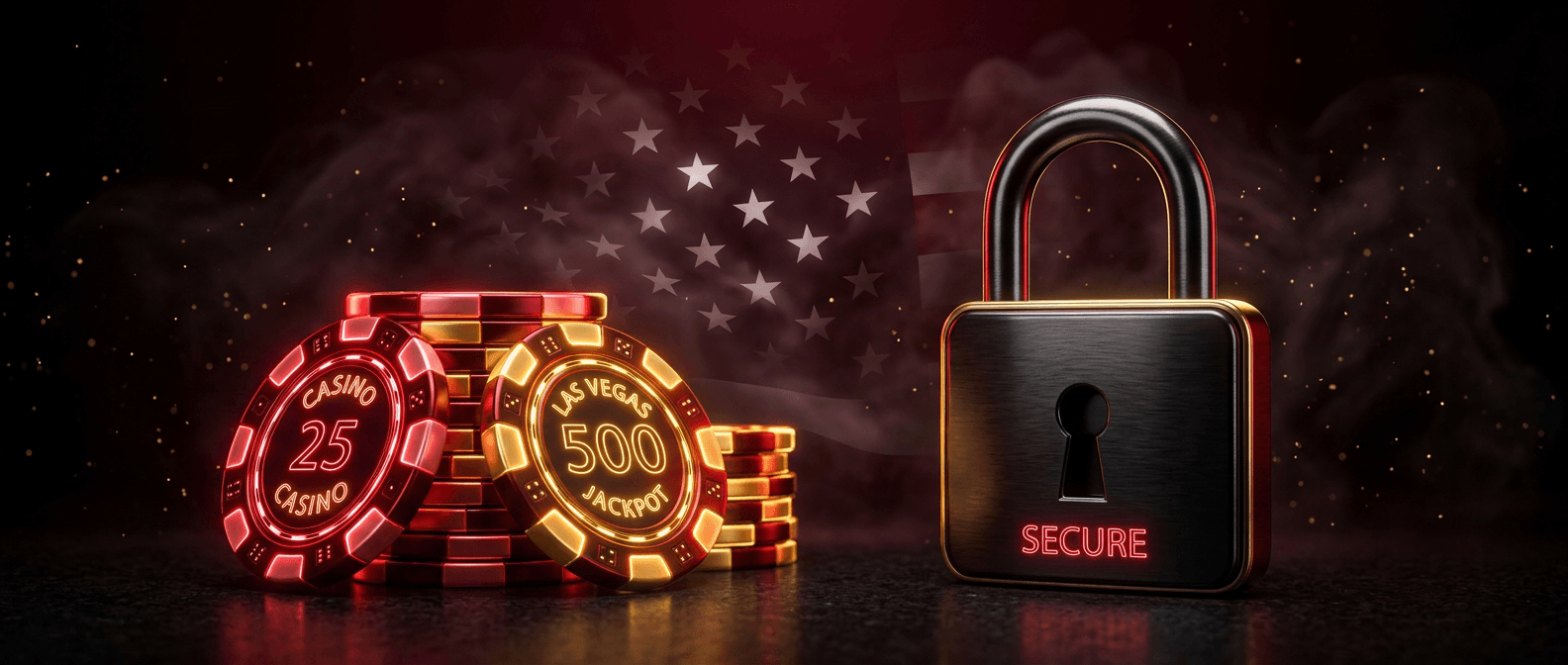 Casino chips stacked beside a secure padlock with an American flag representing safe and legal US sweepstakes casino play