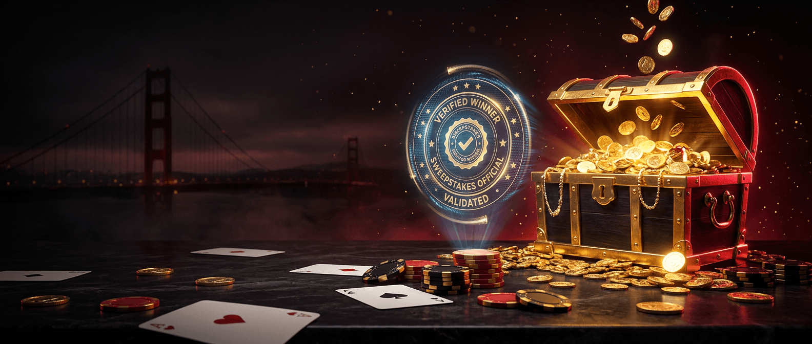 Playing cards and casino chips scattered on a dark table beside an open treasure chest overflowing with gold coins and a glowing verified winner sweepstakes seal