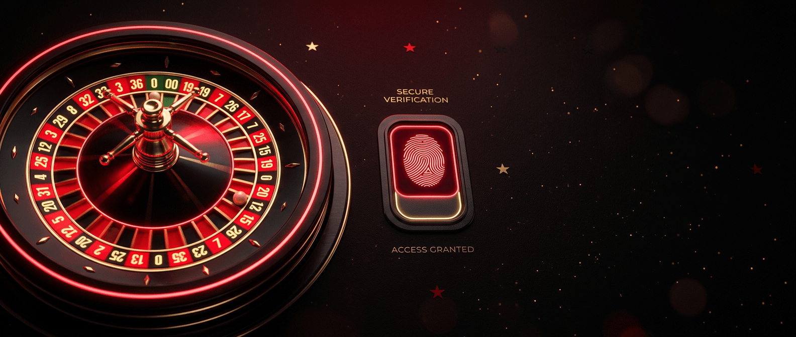 Roulette wheel beside a fingerprint scanner showing secure verification and access granted for sweepstakes casino identity compliance